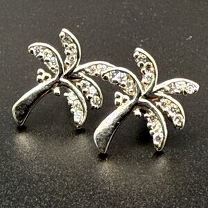Sterling Silver Palm Tree Earrings with glittering white stones 5/8”
